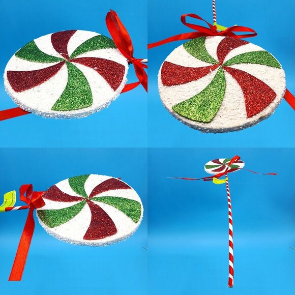 Festive Holiday Faux Lollipop Décor Red & Green Glitter Candy Pick Tree Wreath - Picture 6 of 10